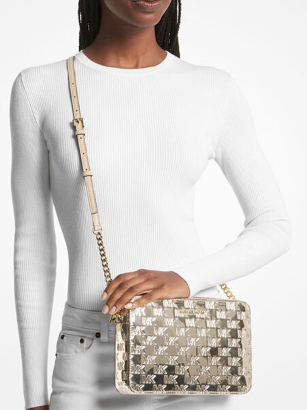 Michael Kors JetSet Crossbody in logo Gold Patent - Picture 4 of 13